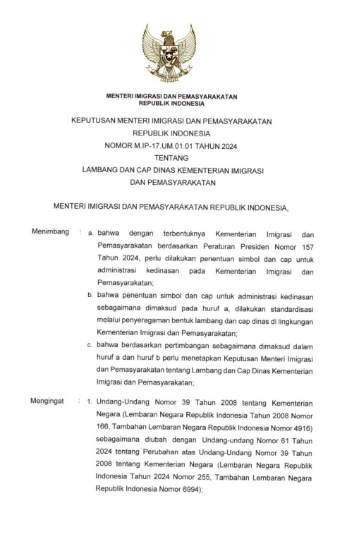 Keputusan Menteri Imigrasi dan Pemasyarakatan Nomor M.IP-17.UM.01.01 Tahun 2024 tentang Lambang dan Cap Dinas Kementerian Imigrasi dan Pemasyarakatan